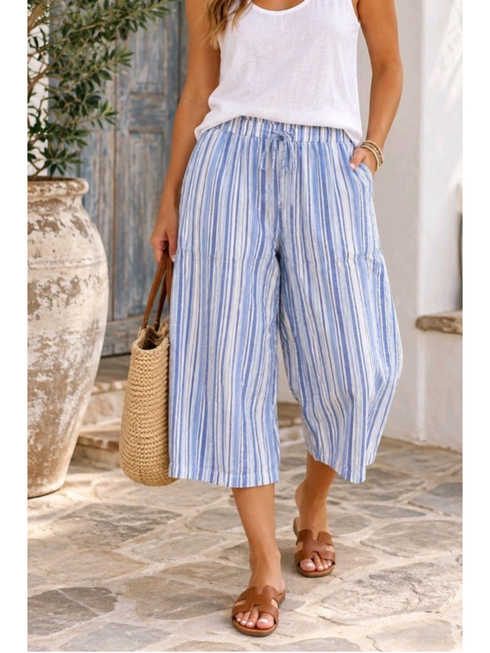 Anthropologie Striped Cotton Longline Bermuda Capri Size 2X Blue White Pull On